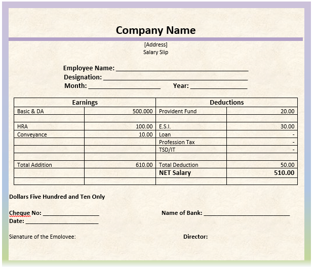 Format for drivers salary slip format